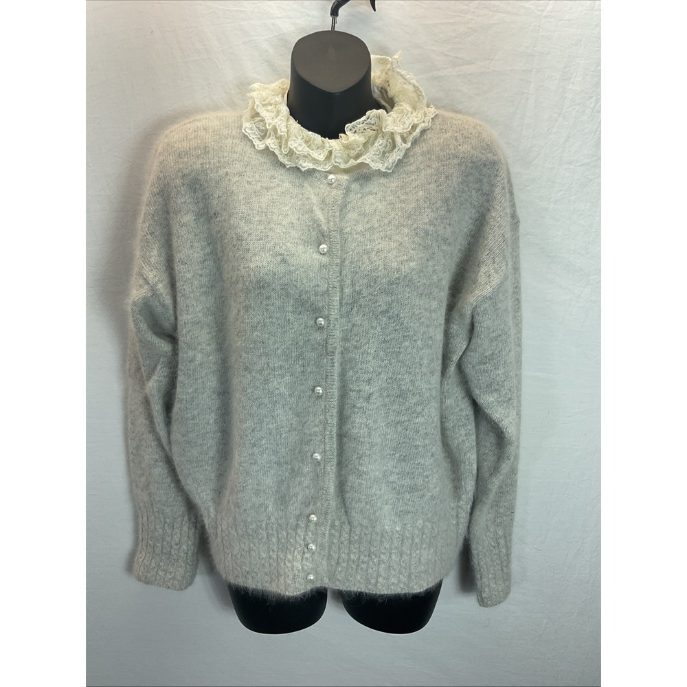 VTG Chaus Lambswool angora‎ gray Cardigan Sweater  lace Collar Granny cottage LG